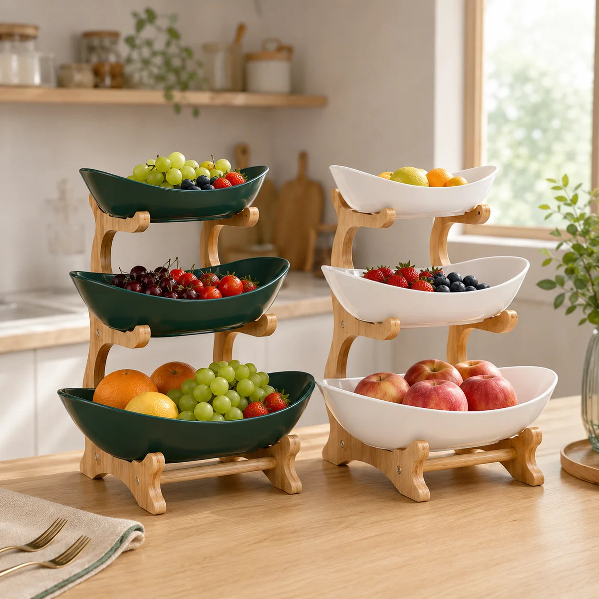 2/3-Tier Fruit Bowl with Stand, Plastic Fruit Basket with Bamboo Frame f