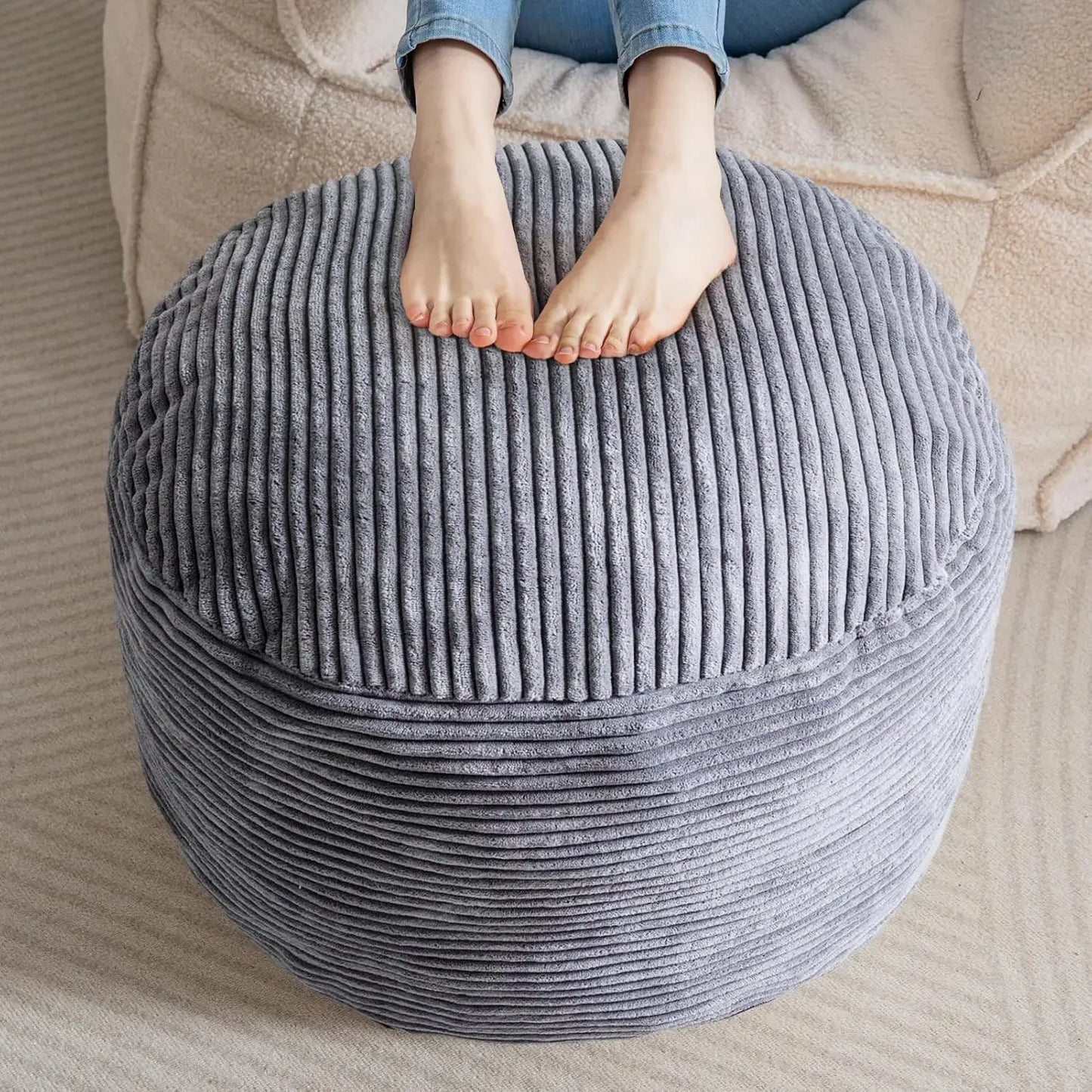 Round Stuffed Pouf , Corduroy Foam Chunk Filling