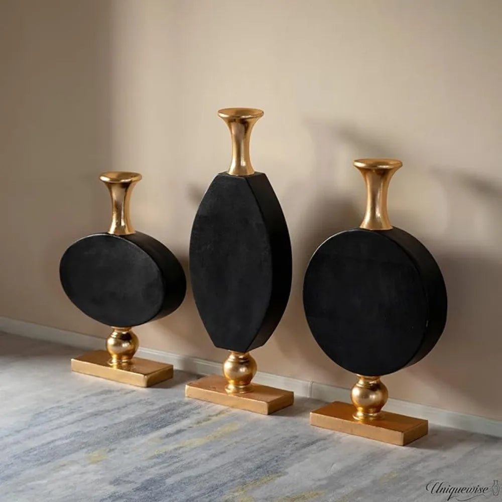 Set of 3 Inch Vintage Gold and Black Tall Floor Vase