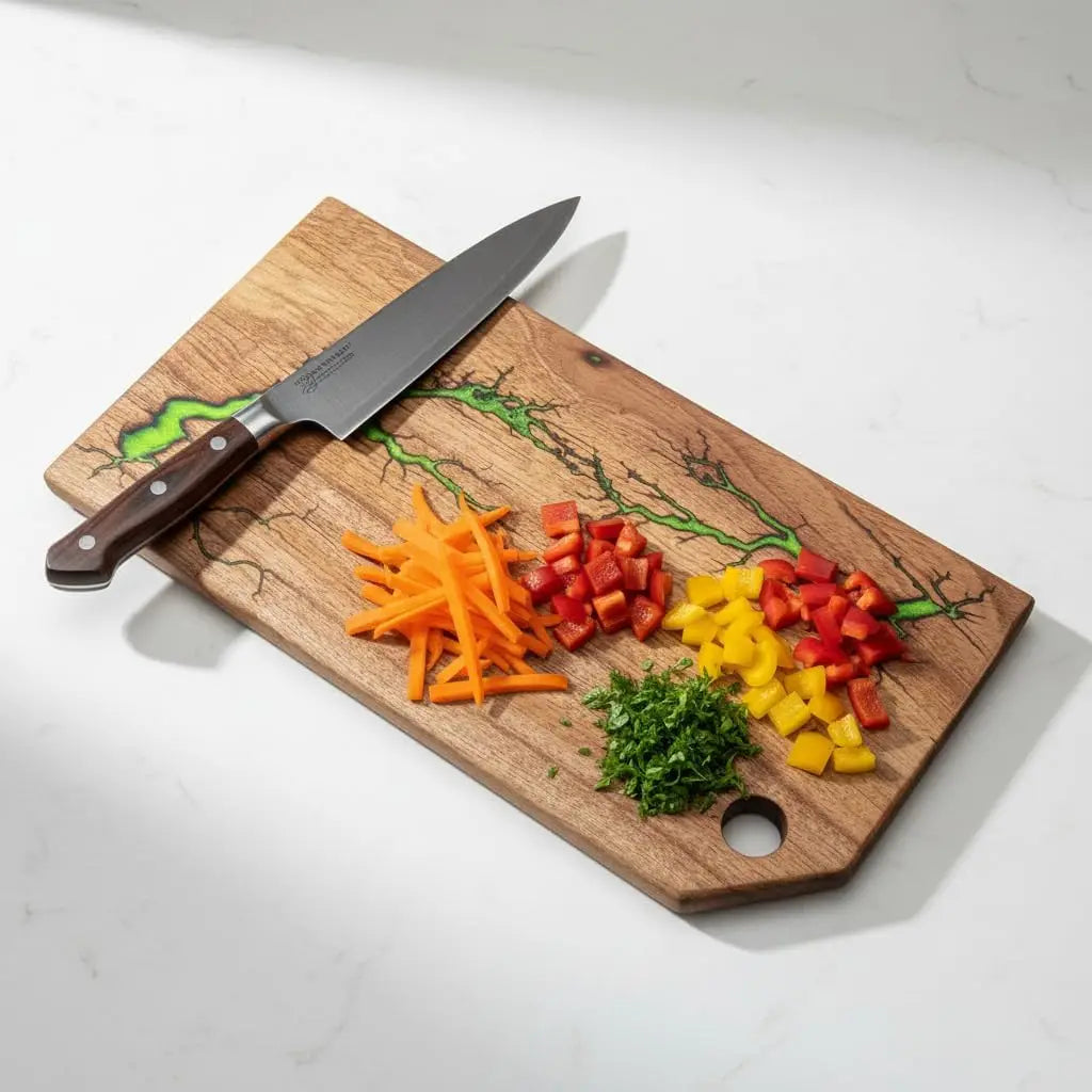 Acacia Wood Charcuterie Board 16x8 Inch Green Fractal Burn Epoxy
