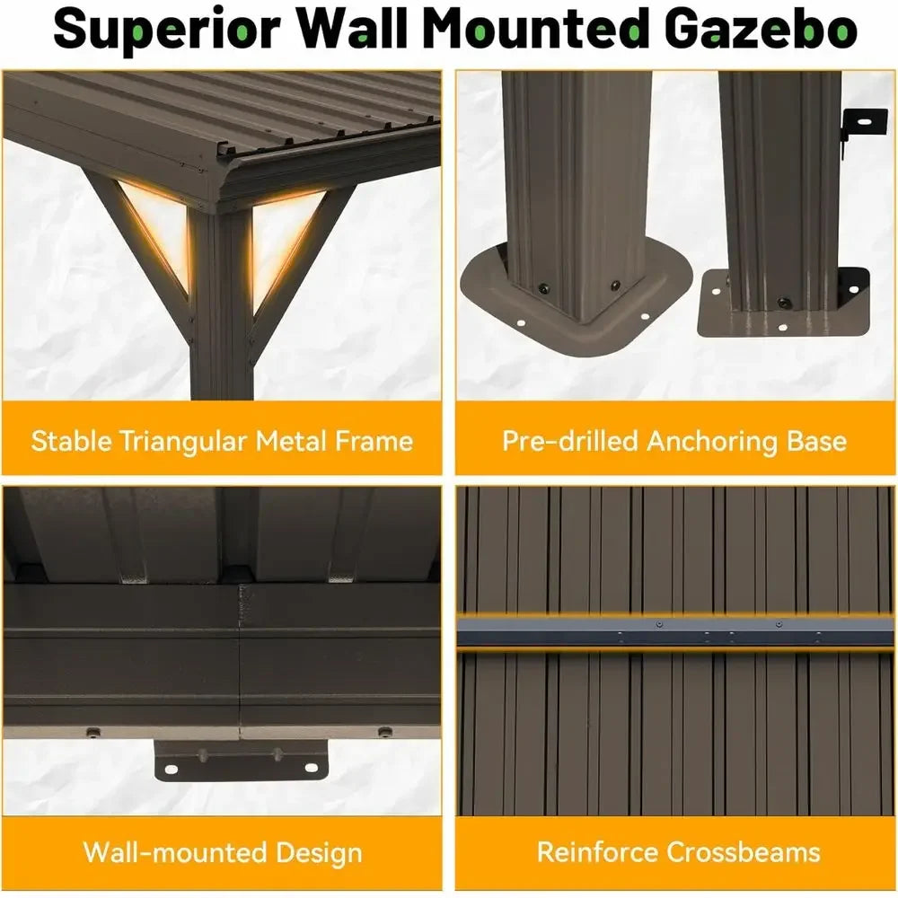 10x16T Lean to Gazebo, Outdoor Metal Hardtop Wall Mounted