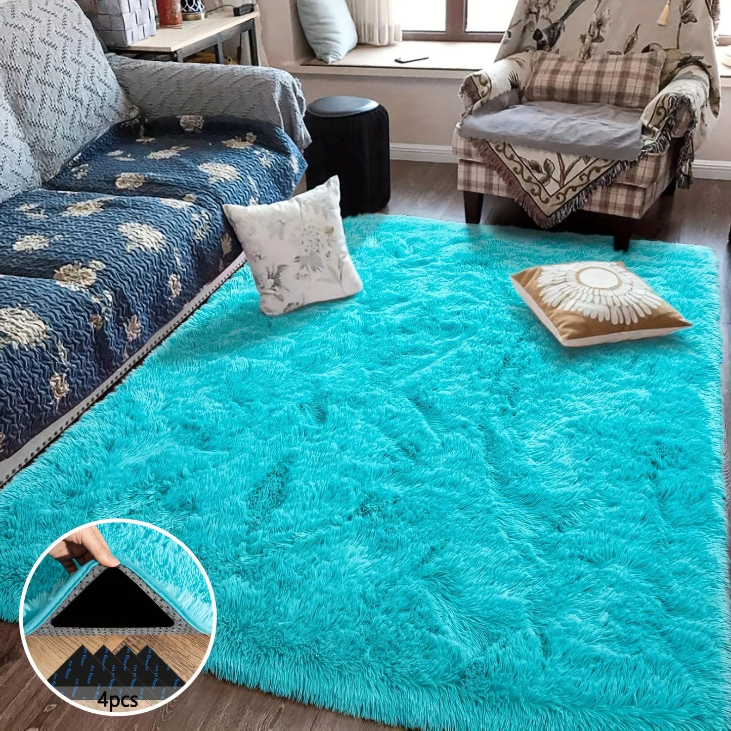 Light Blue Soft Shaggy Non-Slip Rugs with 4 Rug Stickers