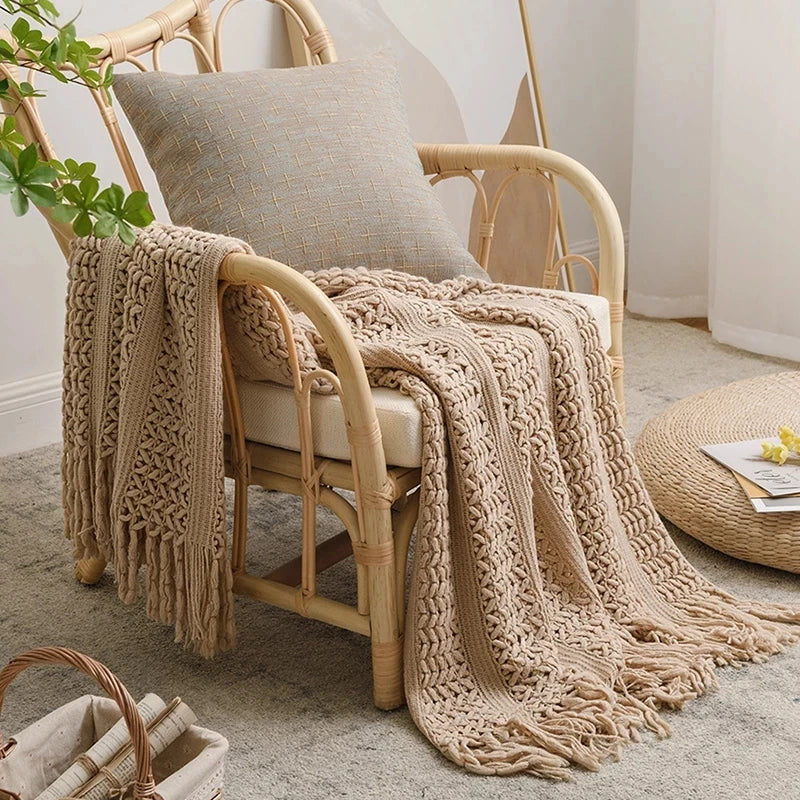 Nordic Crocheted Blanket Khaki Throw Blanket Tassels