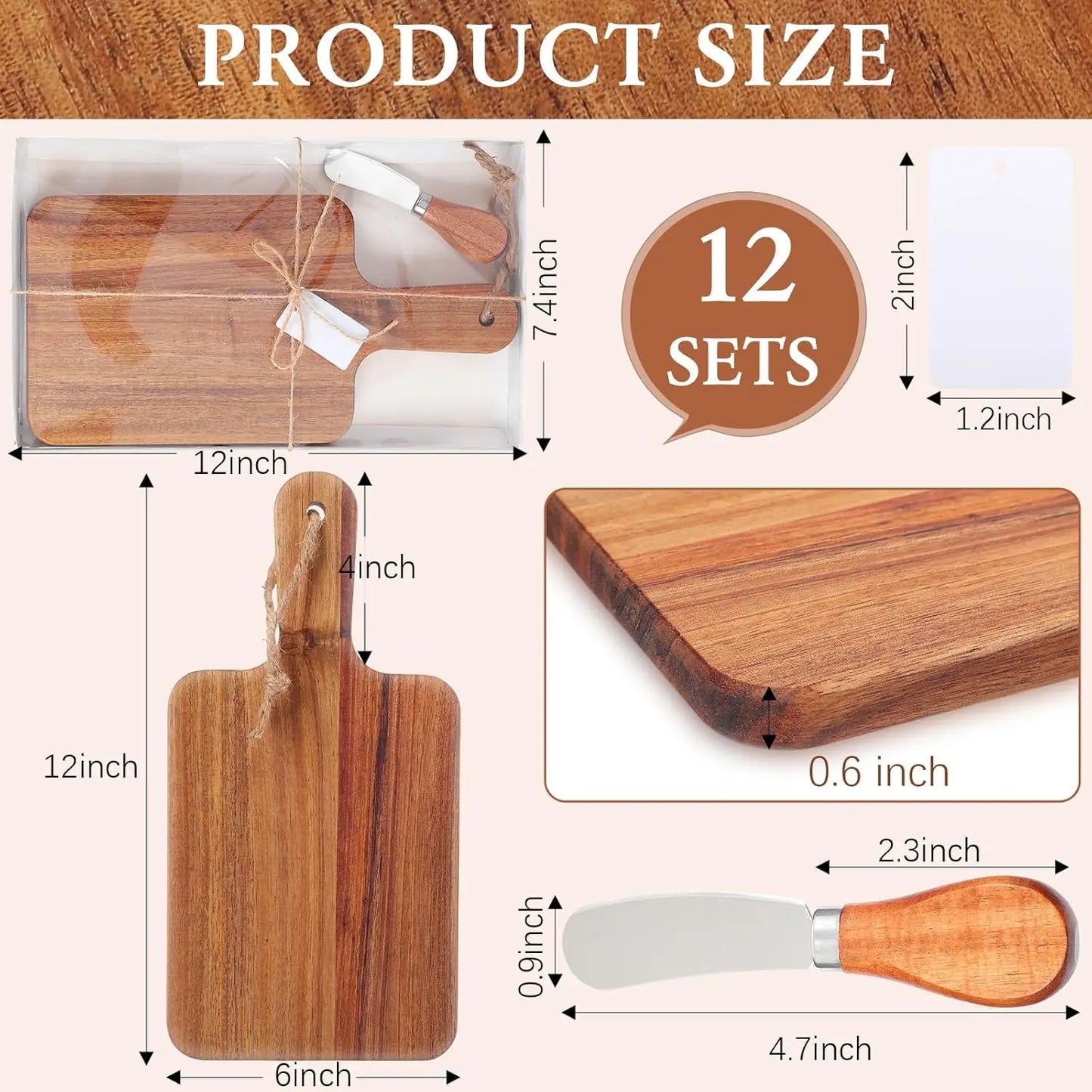 12 Sets Charcuterie Boards with Gift Boxes Cards, Acacia Wood