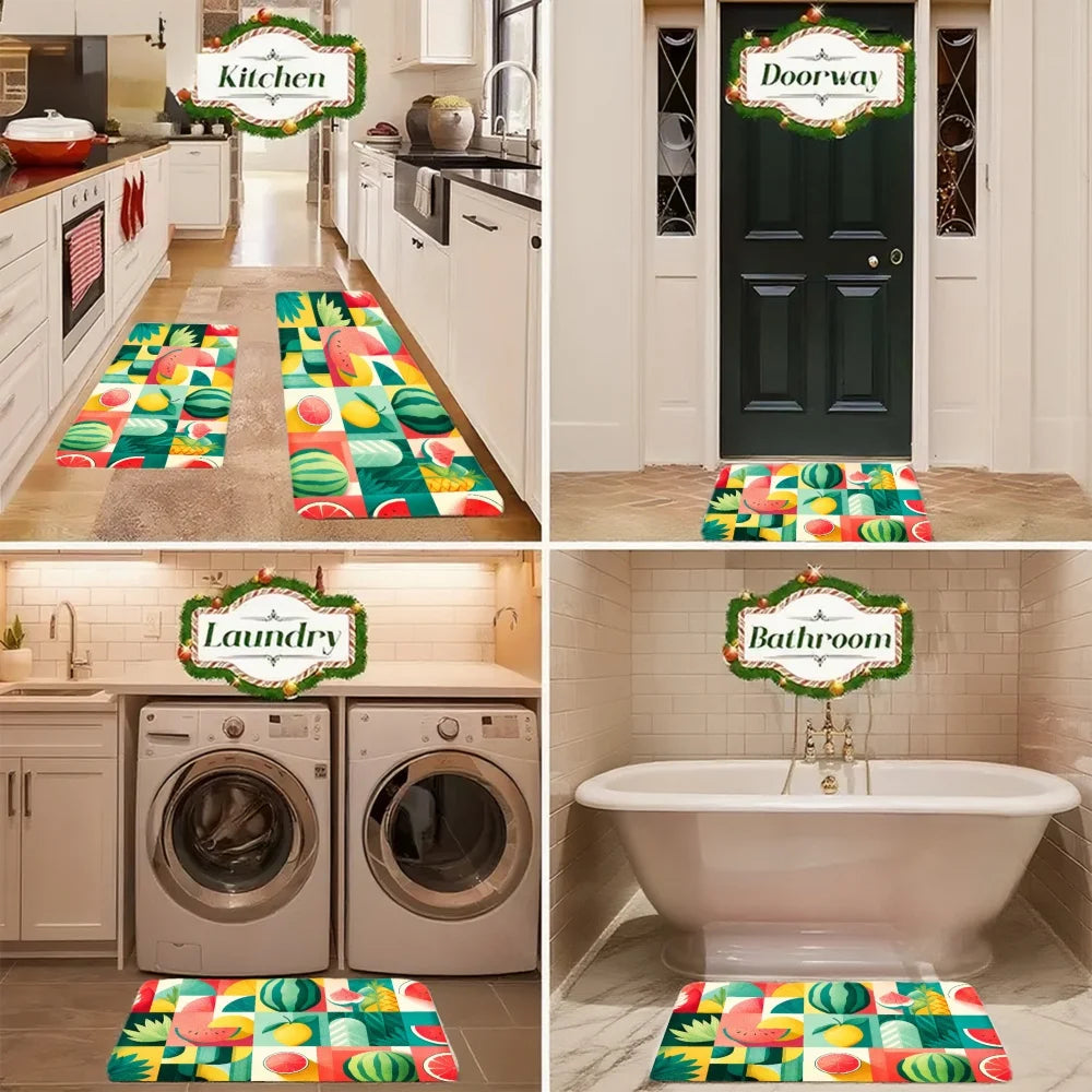 3PCS Mat Tropical Fruit Pattern With Watermelon Pineapple Mango Kitchen Rug.