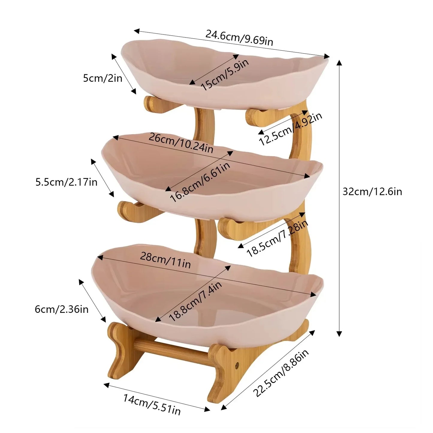 3 Tier Plastic Fruit Bowl W|Bamboo Countertop Stand,