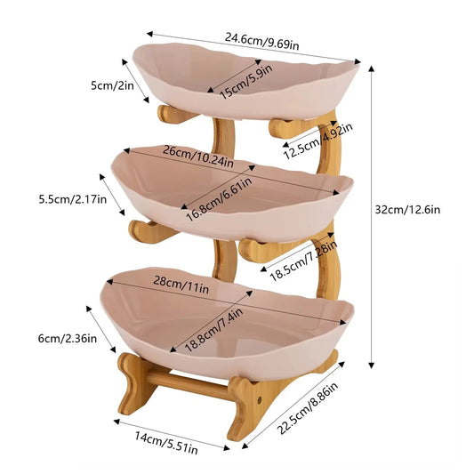 3 Tier Plastic Fruit Bowl W|Bamboo Countertop Stand,
