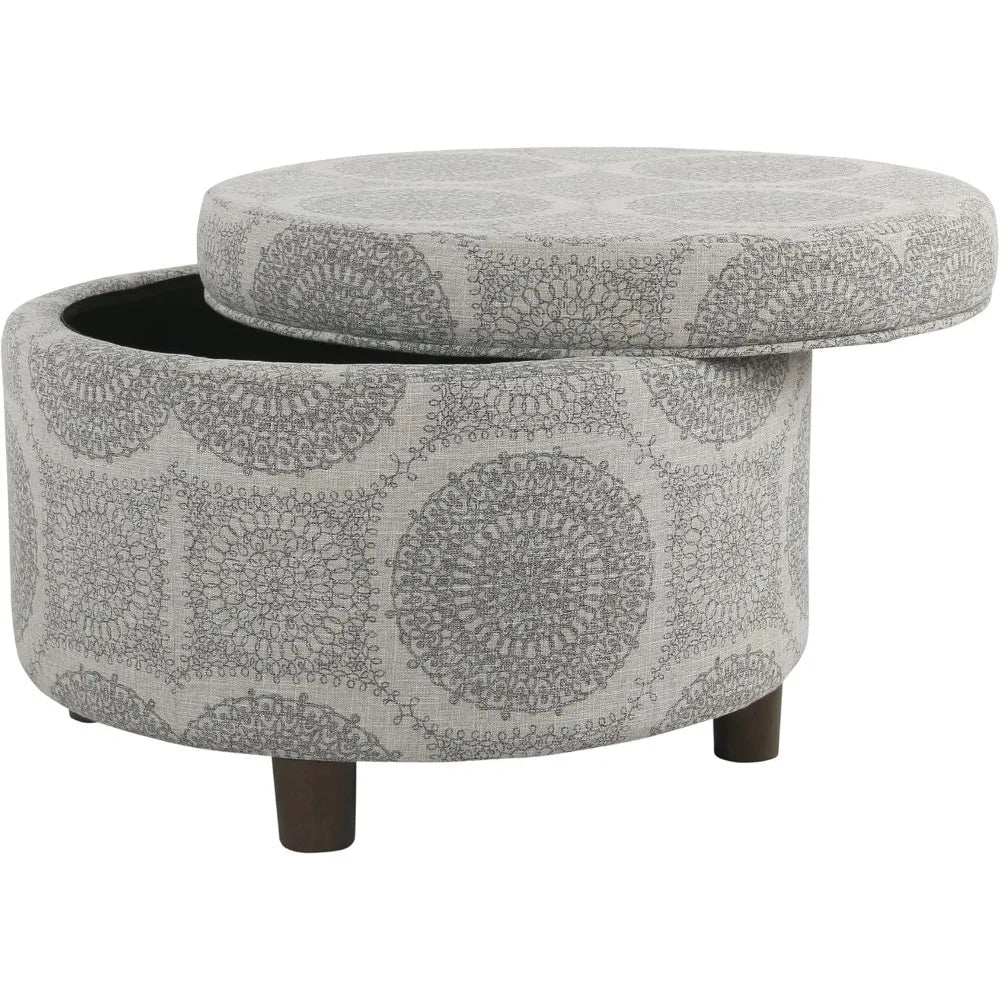 Upholstered Round Storage Ottoman (Grey Medallion)