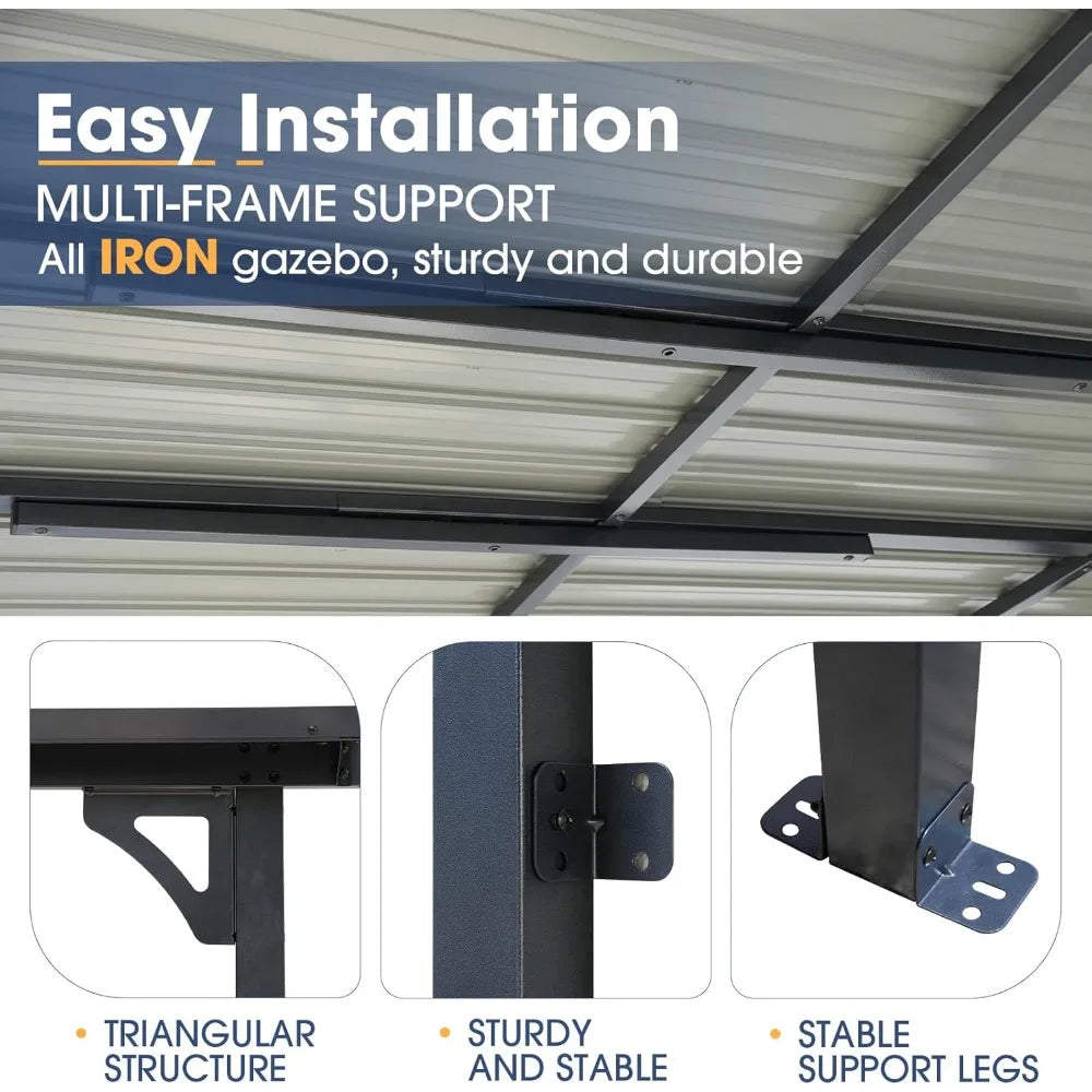 8x10 Outdoor Iron Gazebo with Hard Top and Pergola Roof, Ideal for Patio and Garden Spaces"