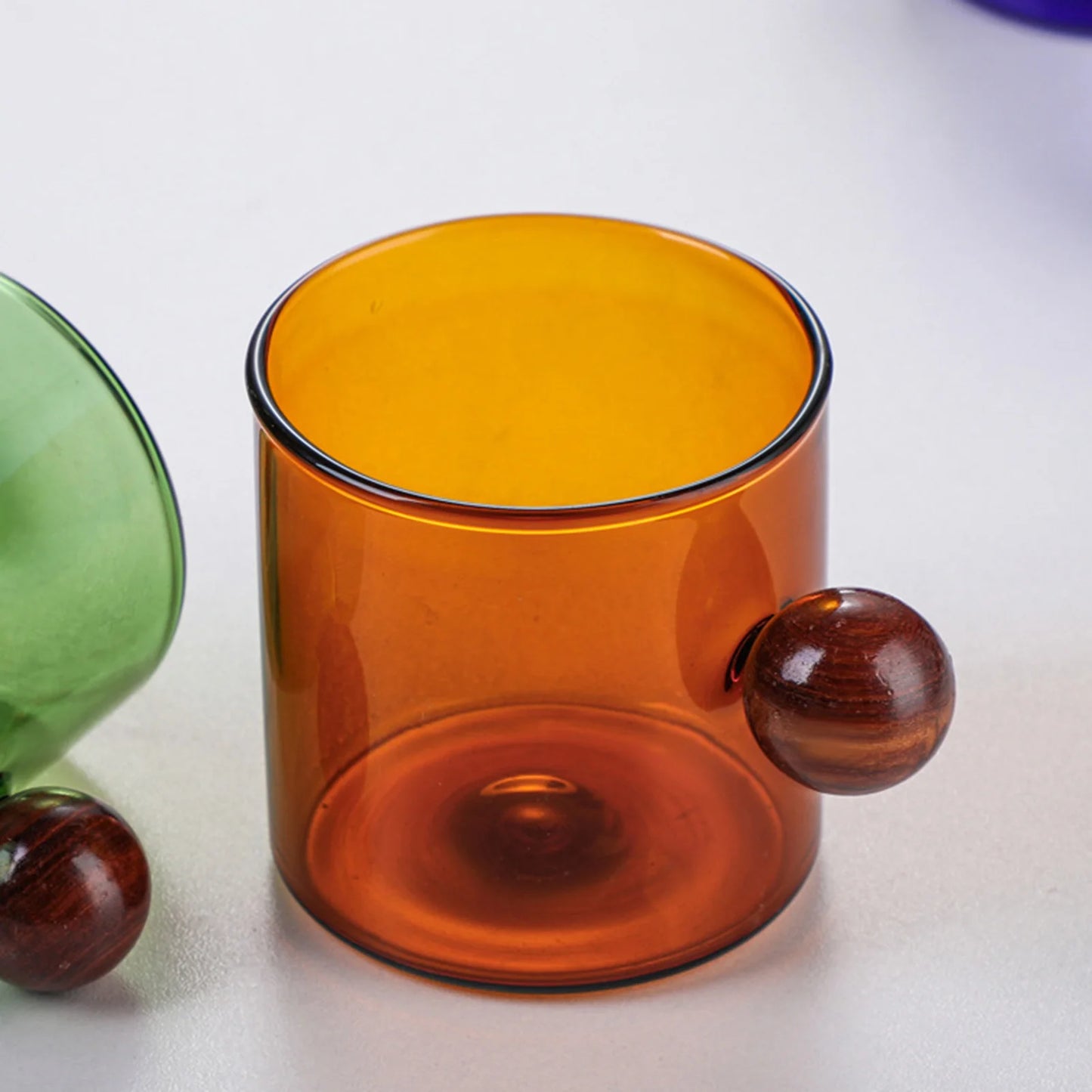 Colorful Glass Coffee Mugs With Wooden Ball Handle 120/200ml