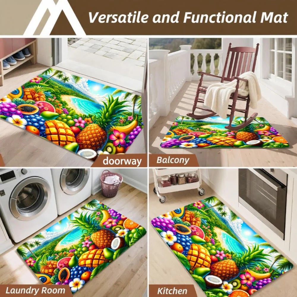 3PCS Mat Set,  Front Door, Kitchen,  Tropical Fruits Palm Trees Flowers Waterfall