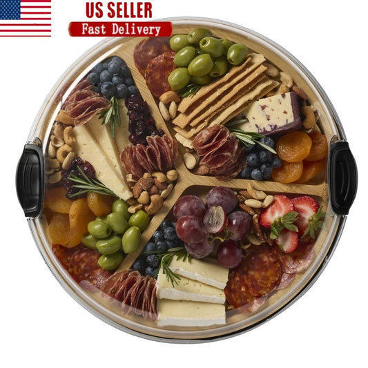 Round Bamboo Charcuterie Board 14 Inch 3 Compartments Locking Lid