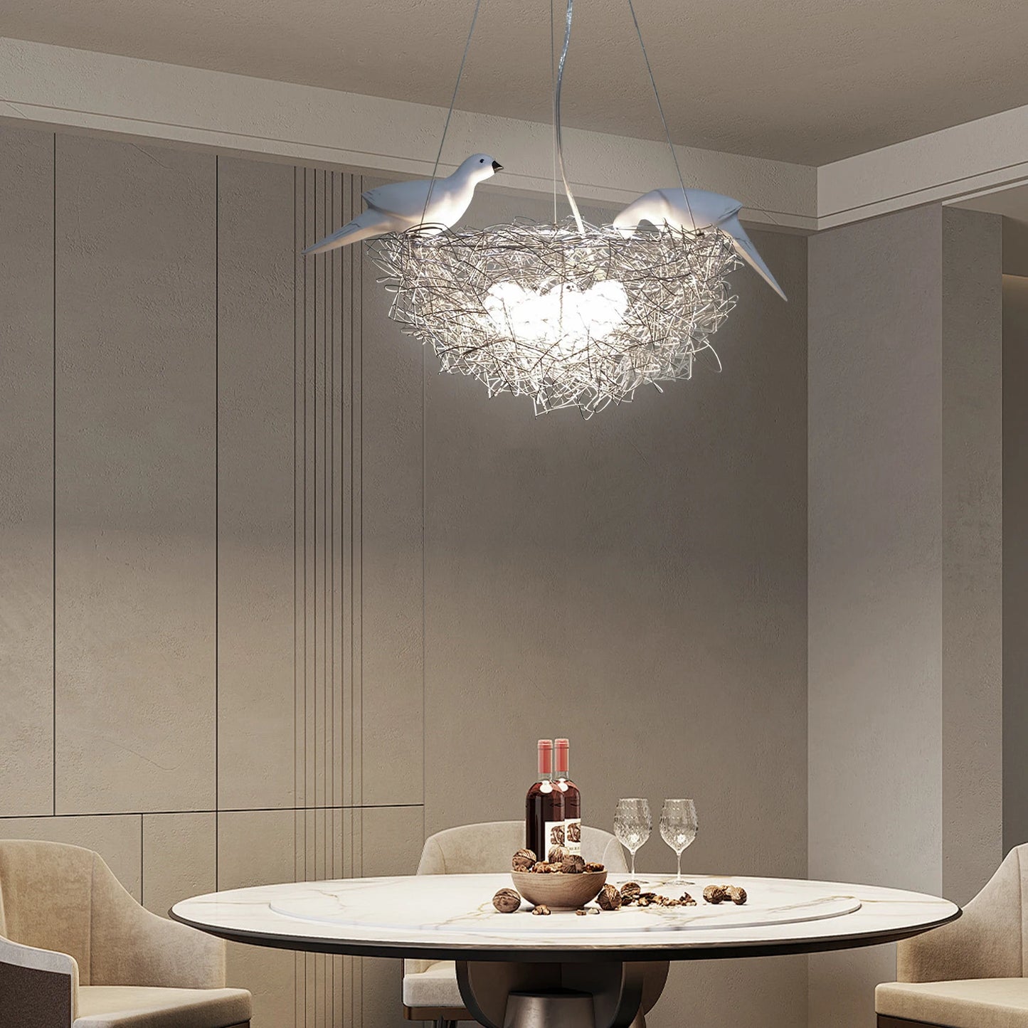 5 Light Woven Nest Chandelier Lamp with Bird