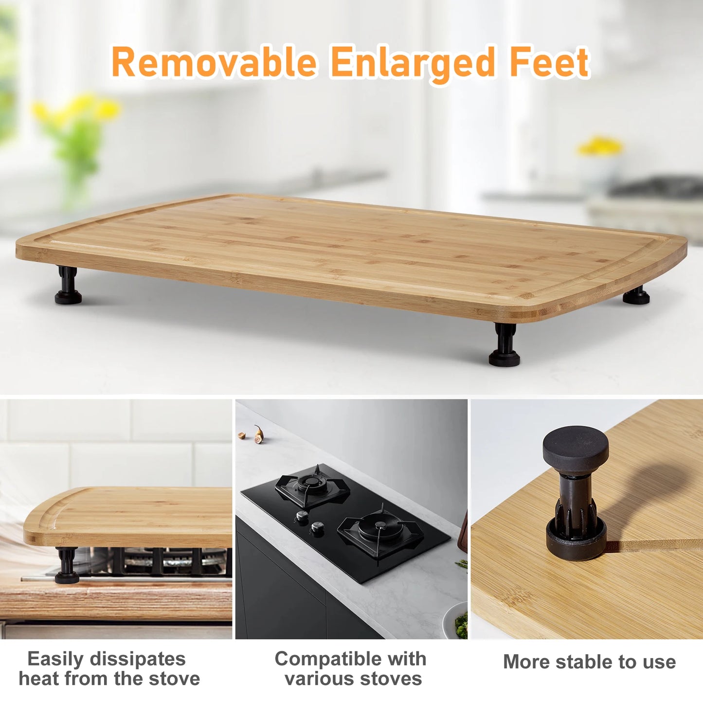 30"x20" Noodle Board Stove Cover with Removable Legs, Bamboo