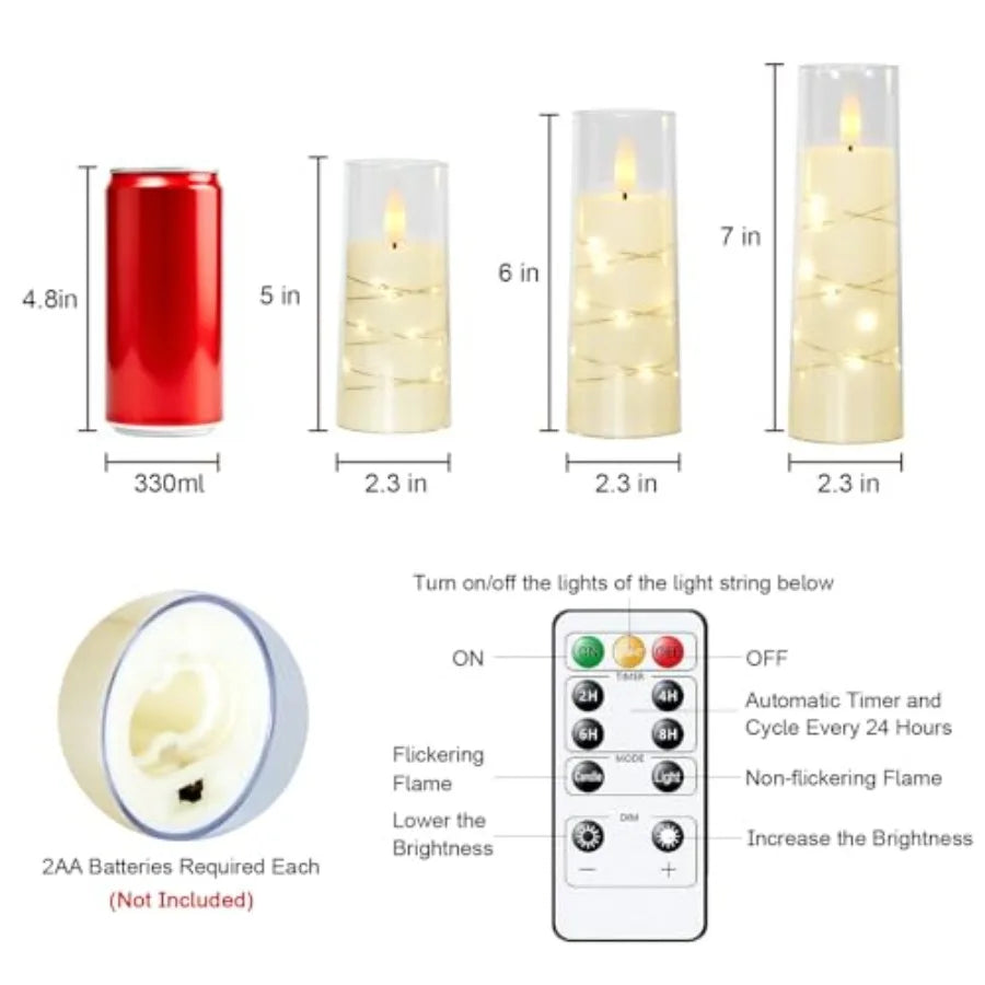 Flameless Candle with Remote Timer, 3 Flickering Acrylic Battery Operated LED