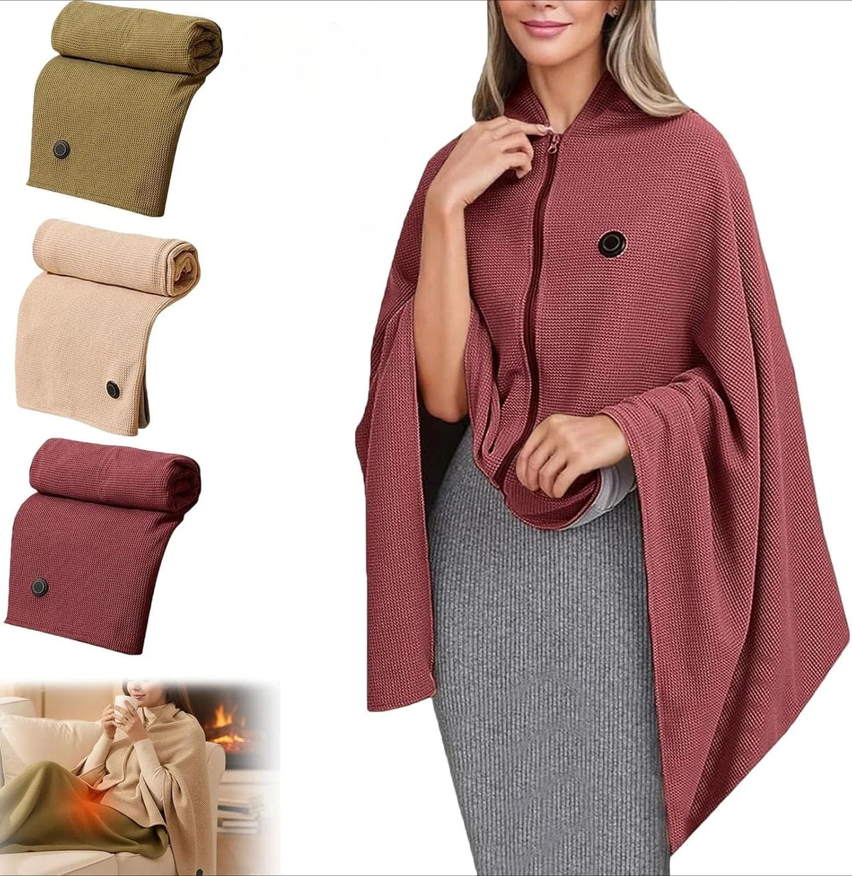 Wearable Electric Heated Shawl 3 Gears Zipper USB