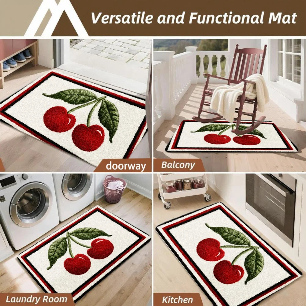 3PCS Mat Set,  Front Door, Kitchen,  Cherry Pattern With Green Leaves