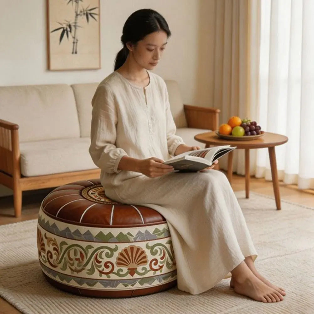 Leather Fillable Ottoman Pouf Round Shape Moroccan Style Storage