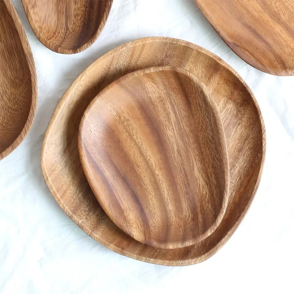 Walnut & Acacia Irregular Oval Solid Wood Dinner Plate