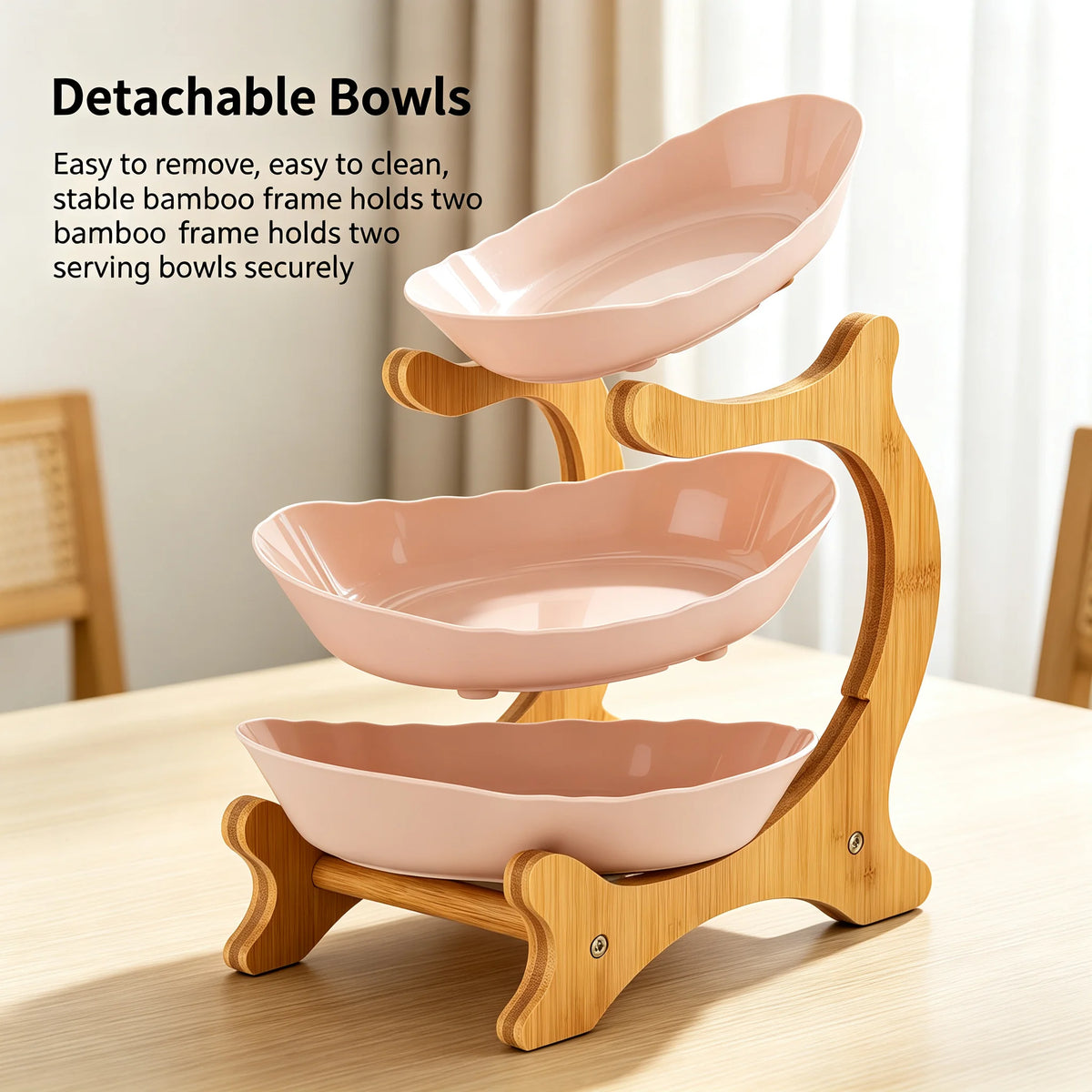 Tier Fruit Bowl Bamboo Frame with  Bowls, Stackable Fruit Basket Stand