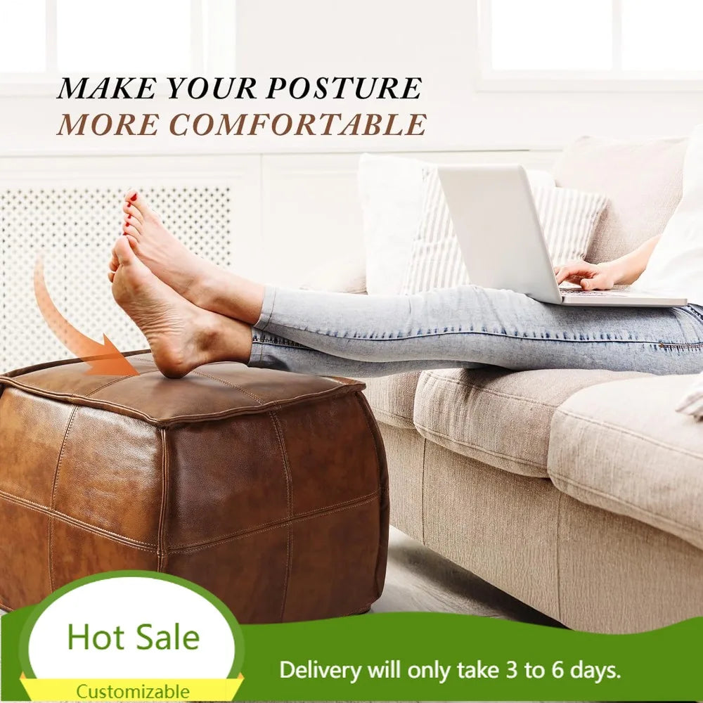 Genuine Leather Pouf Ottoman, Handmade Square Foot Rest Stool