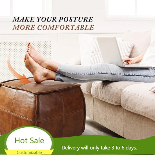 Genuine Leather Pouf Ottoman, Handmade Square Foot Rest Stool