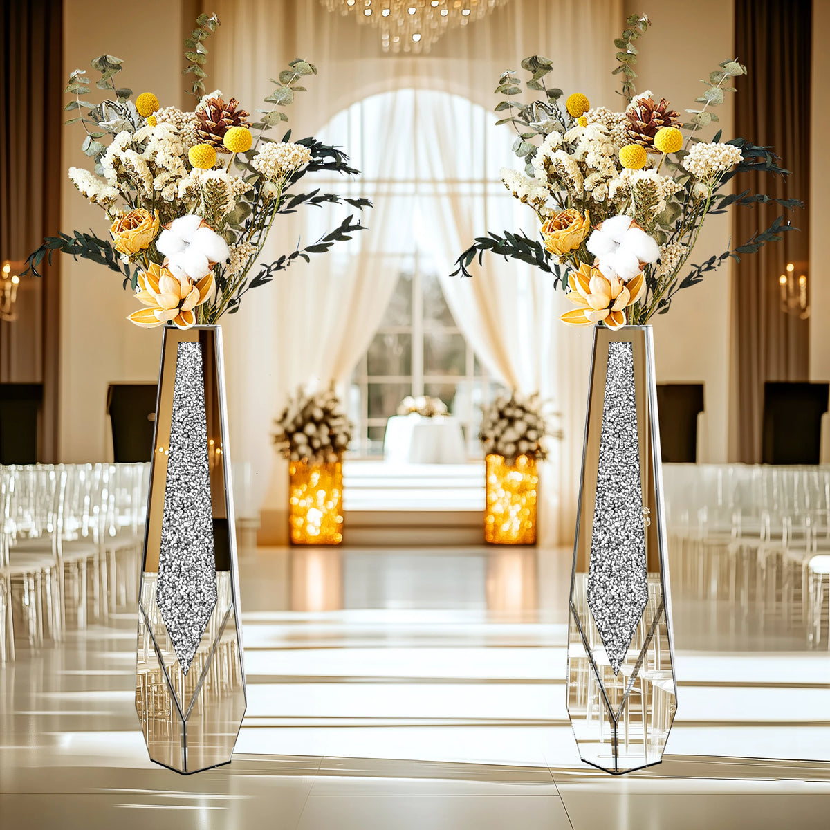 Tall Floor Mirror Vase, Large Crushed Diamond Glass Vase