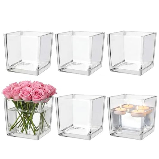6 Pack Square Glass Vases 5"x 5" x 5", Plant Terrarium, Floating Candle Holder