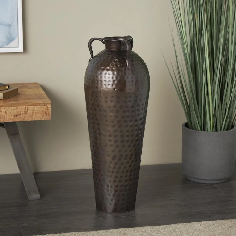 Tall Metal Floor Vase with Hammered Details, 10x10x28 Brown