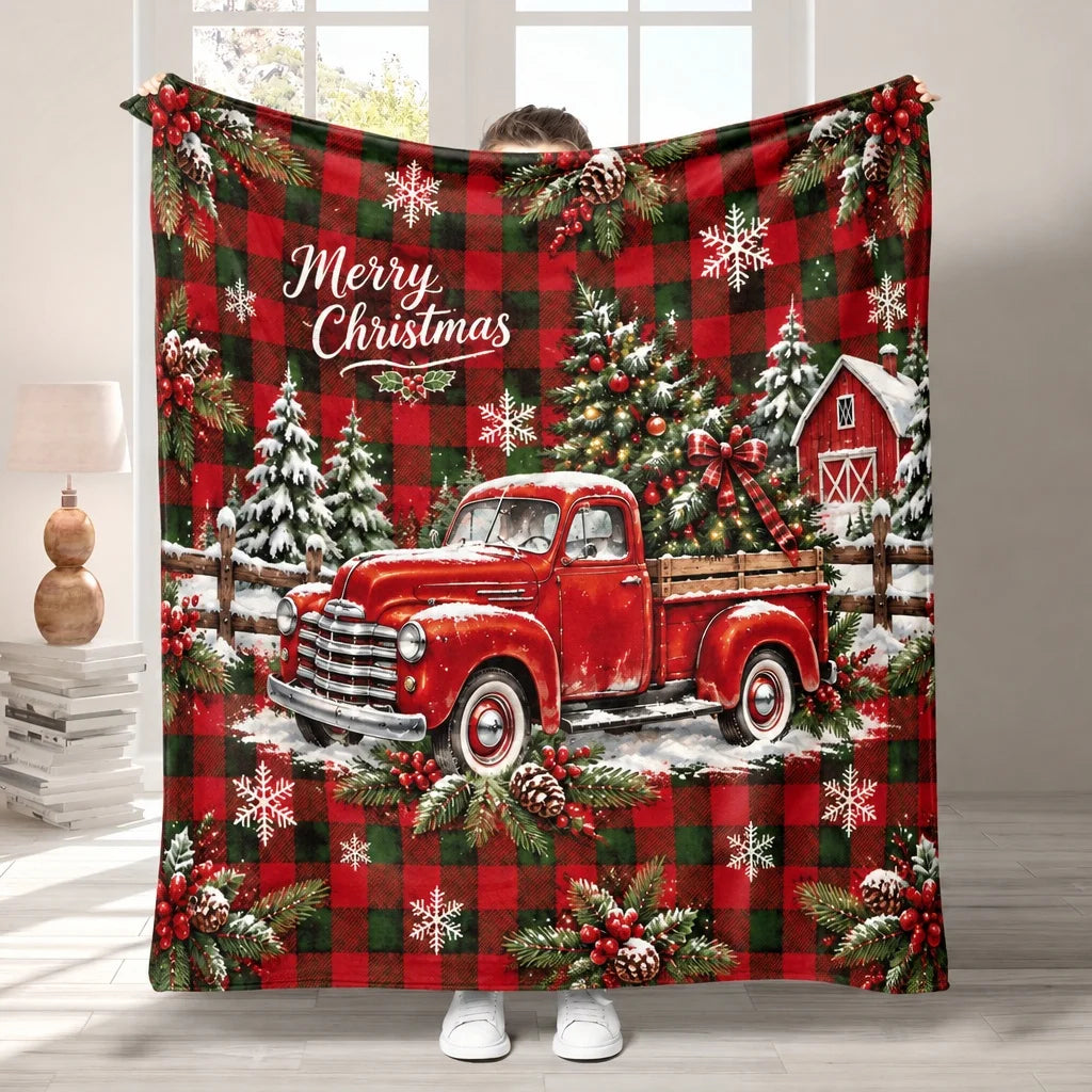 Christmas Throw Blanket with Plaid Truck & Tree Print