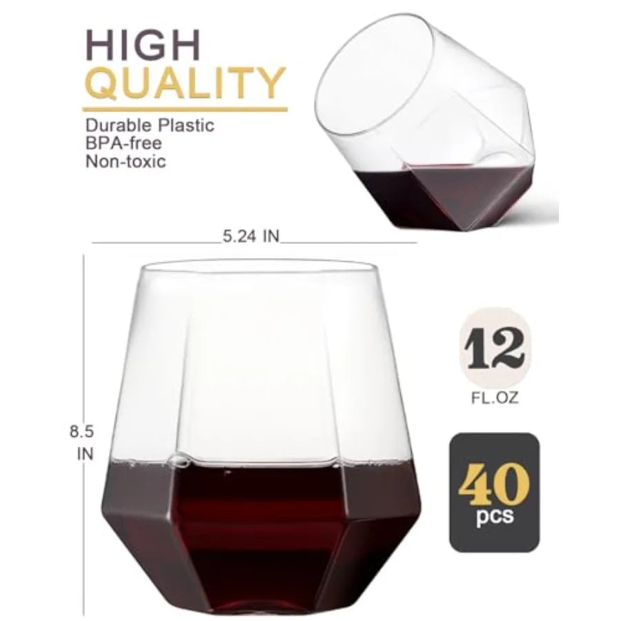 40 Pack Plastic Stemless Wine Whiskey Champagne Glasses, 12 Oz