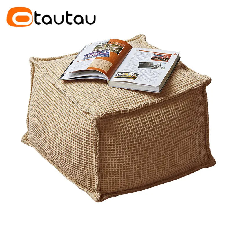 OTAUTAU 100% Pure Cotton Waffle Beanbag Stool Ottoman with Filling Square