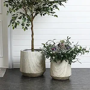 Round Planters, Set of 2 Large Outdoor, Drainage Hole