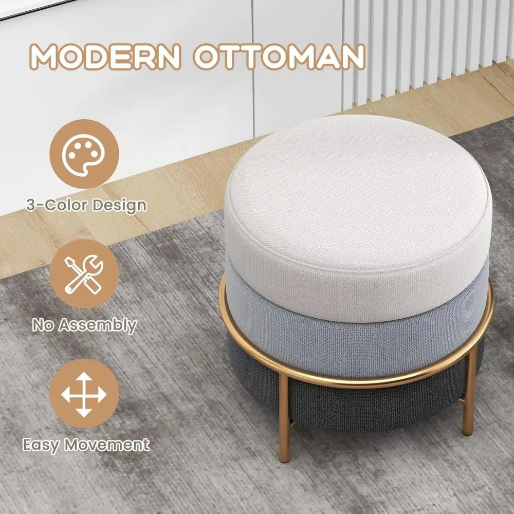 Round Vanity Stool, Linen Fabric Ottoman Cushioned Seat