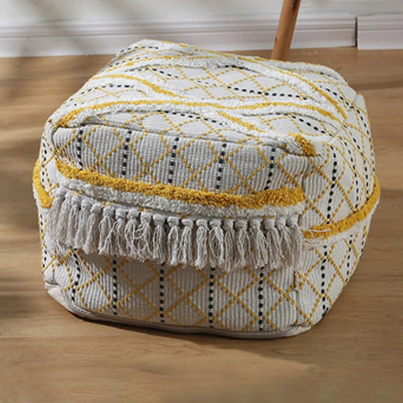 Square Multi-Pattern Moroccan Cotton And Linen Footstool