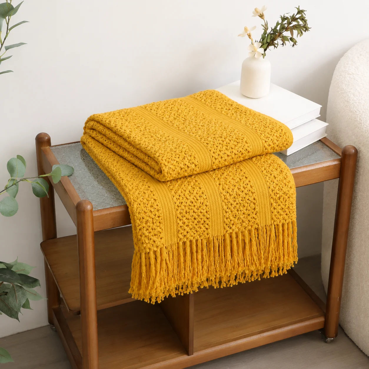 Cream Popcorn Bobble Textured Knit Throw Blanket with Tassel Fringe,