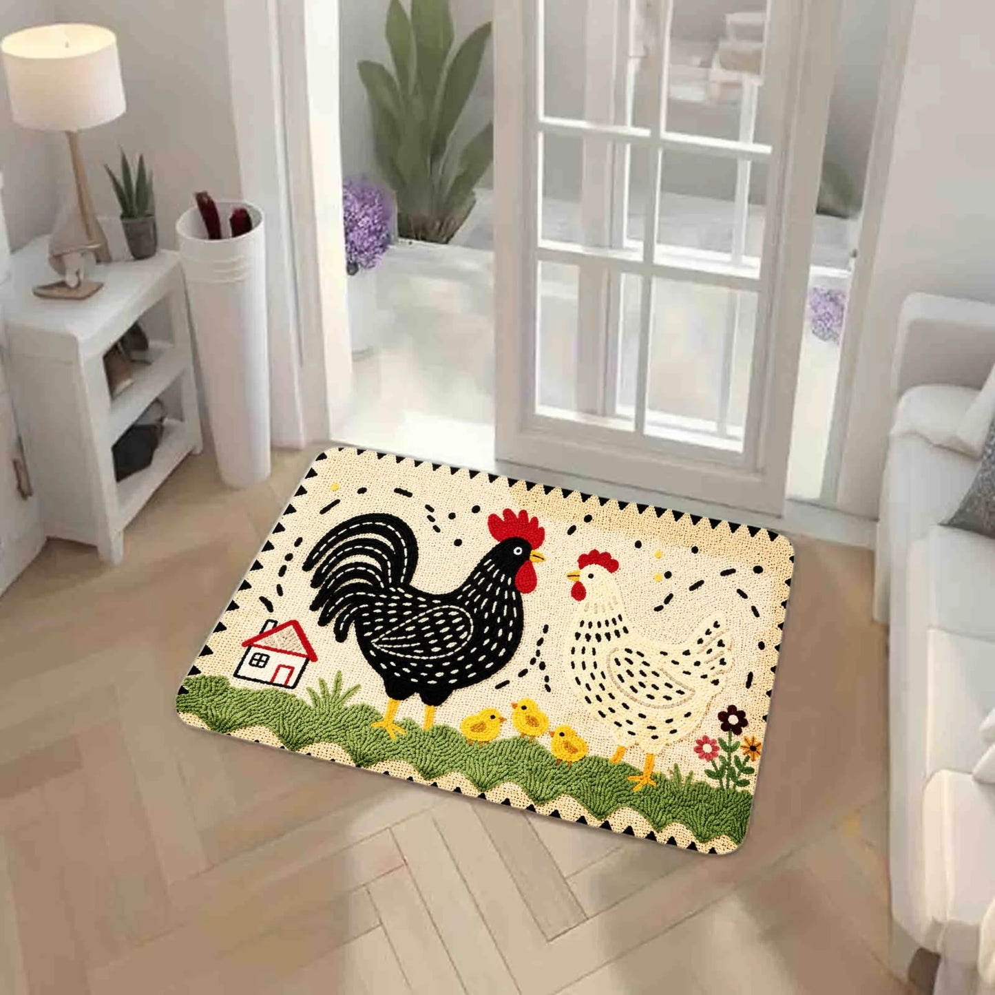 3PCS Kitchen Rugs,Rooster And Flowers Dining Mat