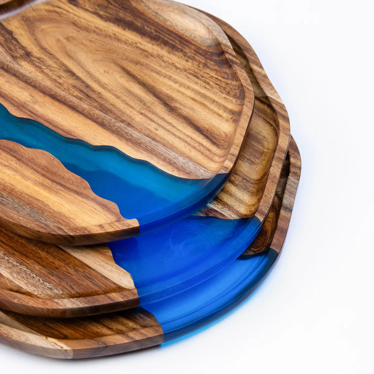 Acacia wood epoxy resin craft tray; tea tray; round plate; resin river