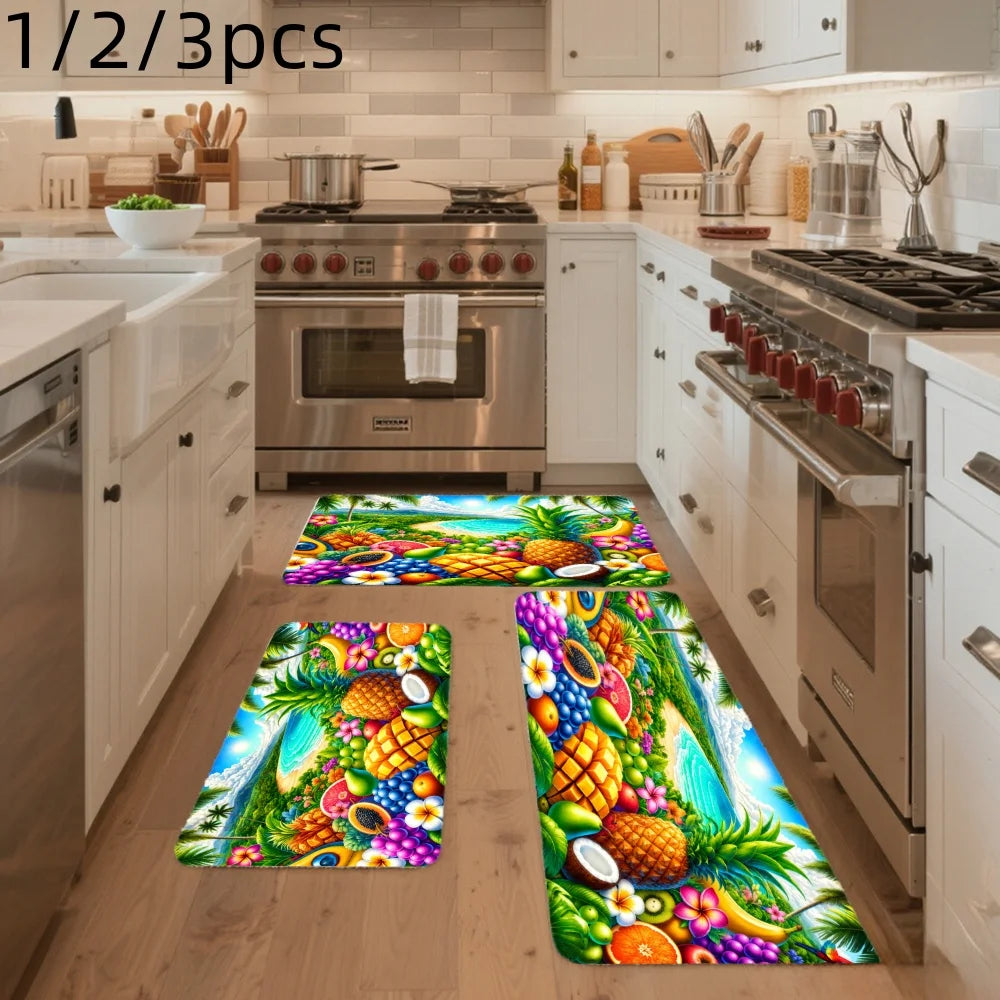 3PCS Mat Set,  Front Door, Kitchen,  Tropical Fruits Palm Trees Flowers Waterfall