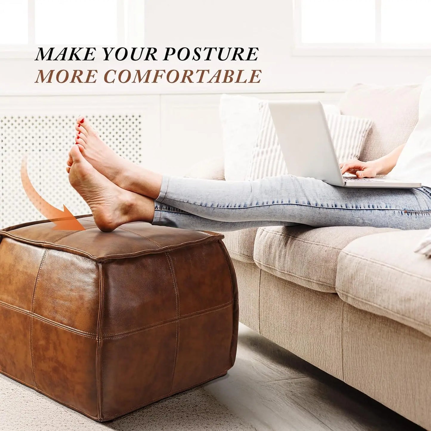 Handmade Stuffed Square Ottoman,Genuine Leather Pouf