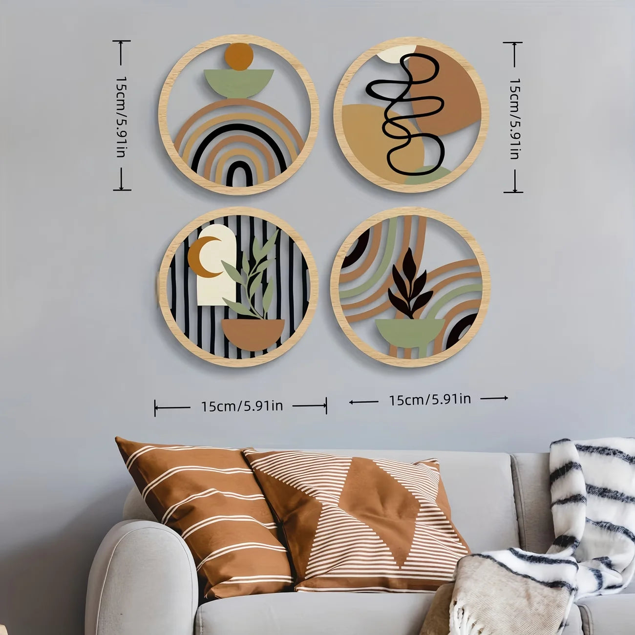 4Pcs Boho 2D Wave Wall Art Round Wooden Hanging Signs