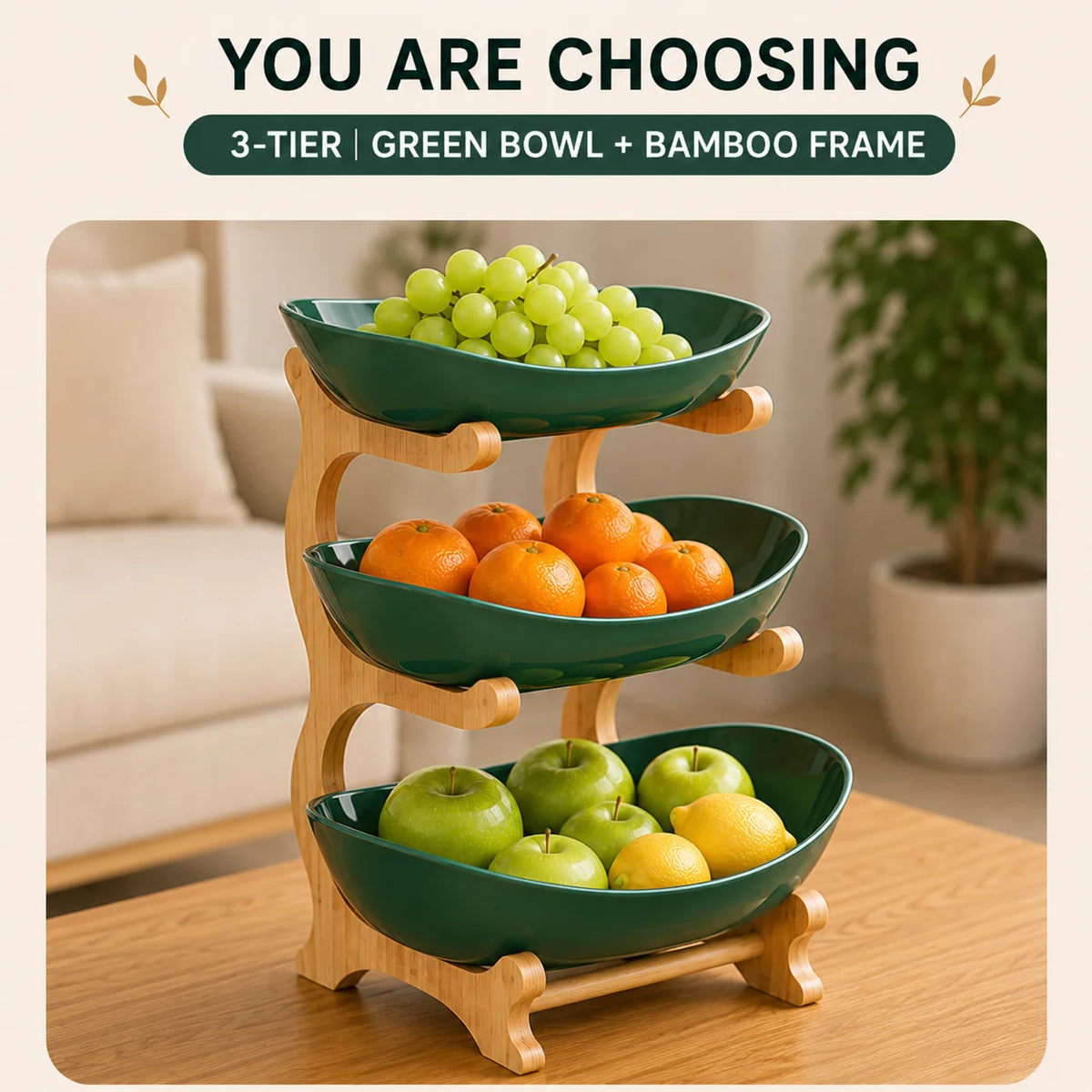 2/3-Tier Fruit Bowl with Stand, Plastic Fruit Basket with Bamboo Frame f