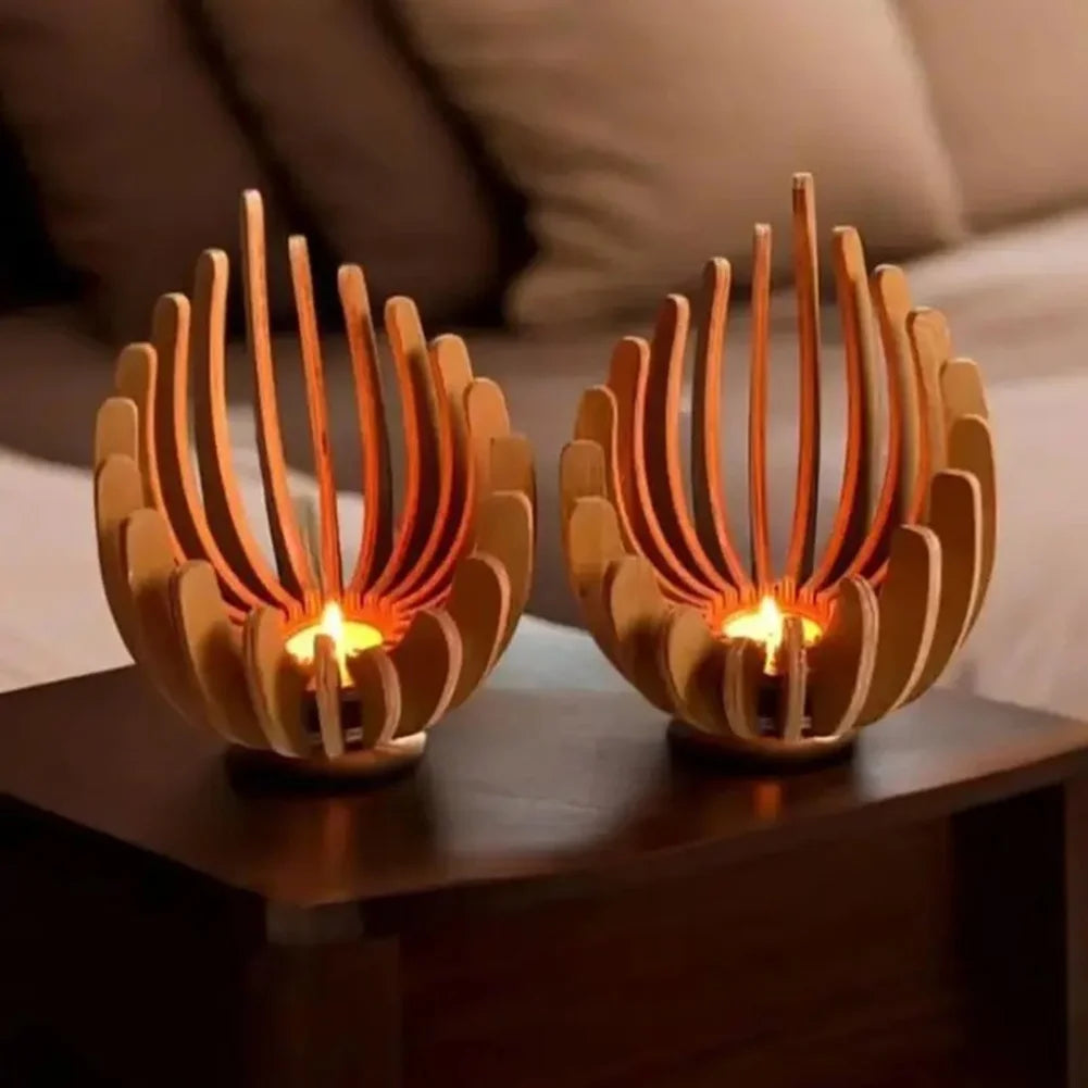 Flaming Wooden Candlestick, Lotus-shaped Tea Lamp