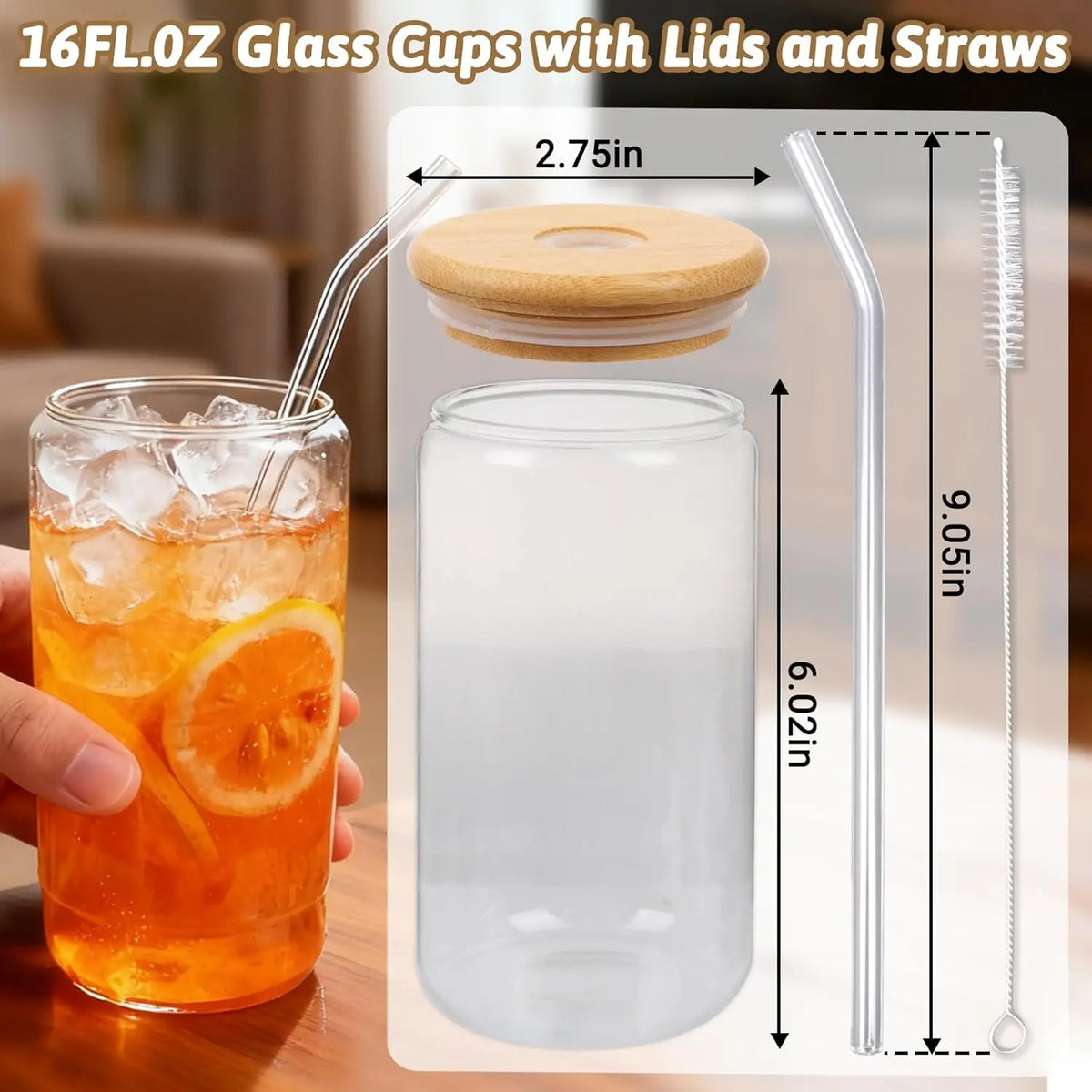 Drinking Glasses with Glass Straw 8pcs Set - 16oz Highball Glass Cups, Beer Glasses