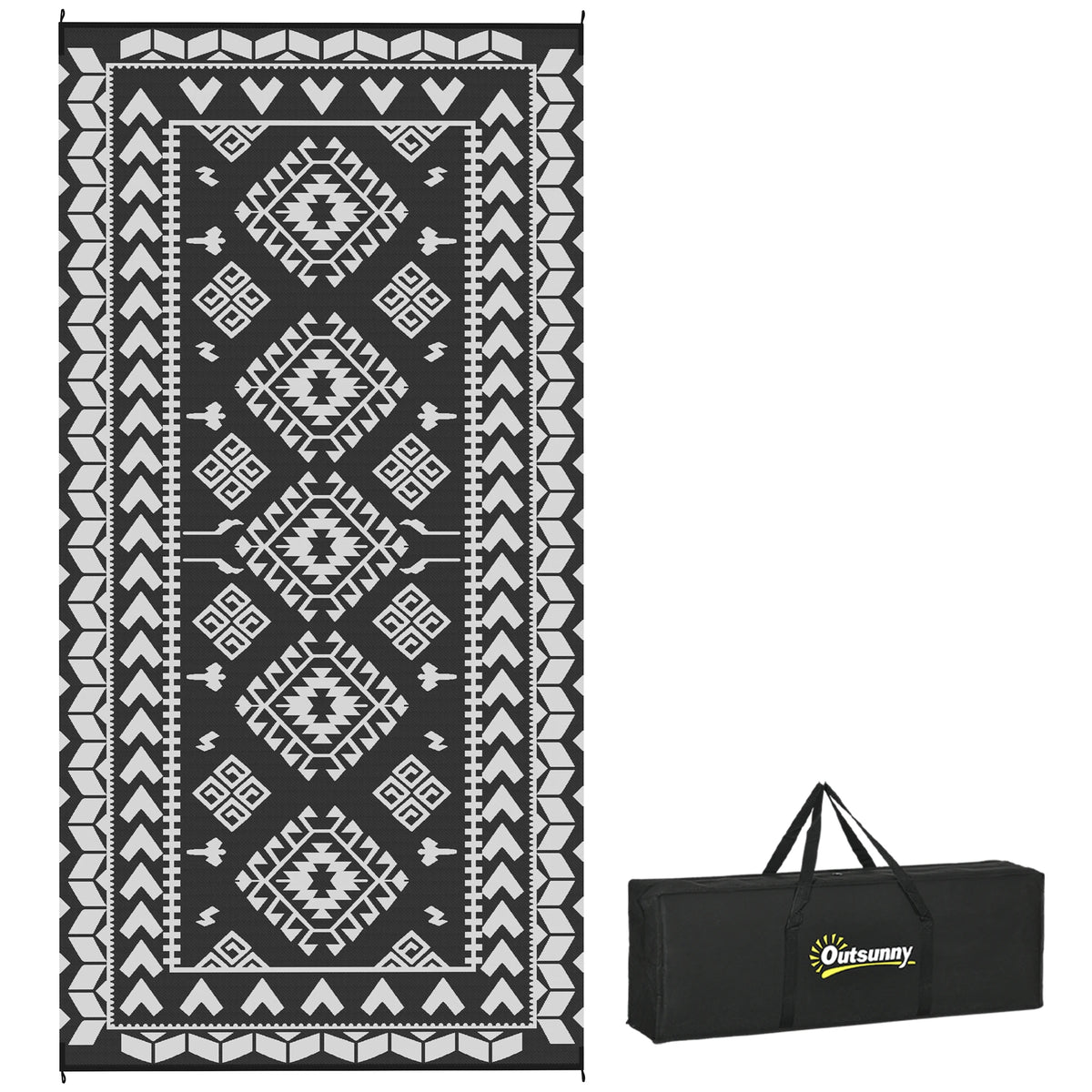 Outdoor Rug, 9' x 18' Floor Mat, Black White Rhombus Patchwork