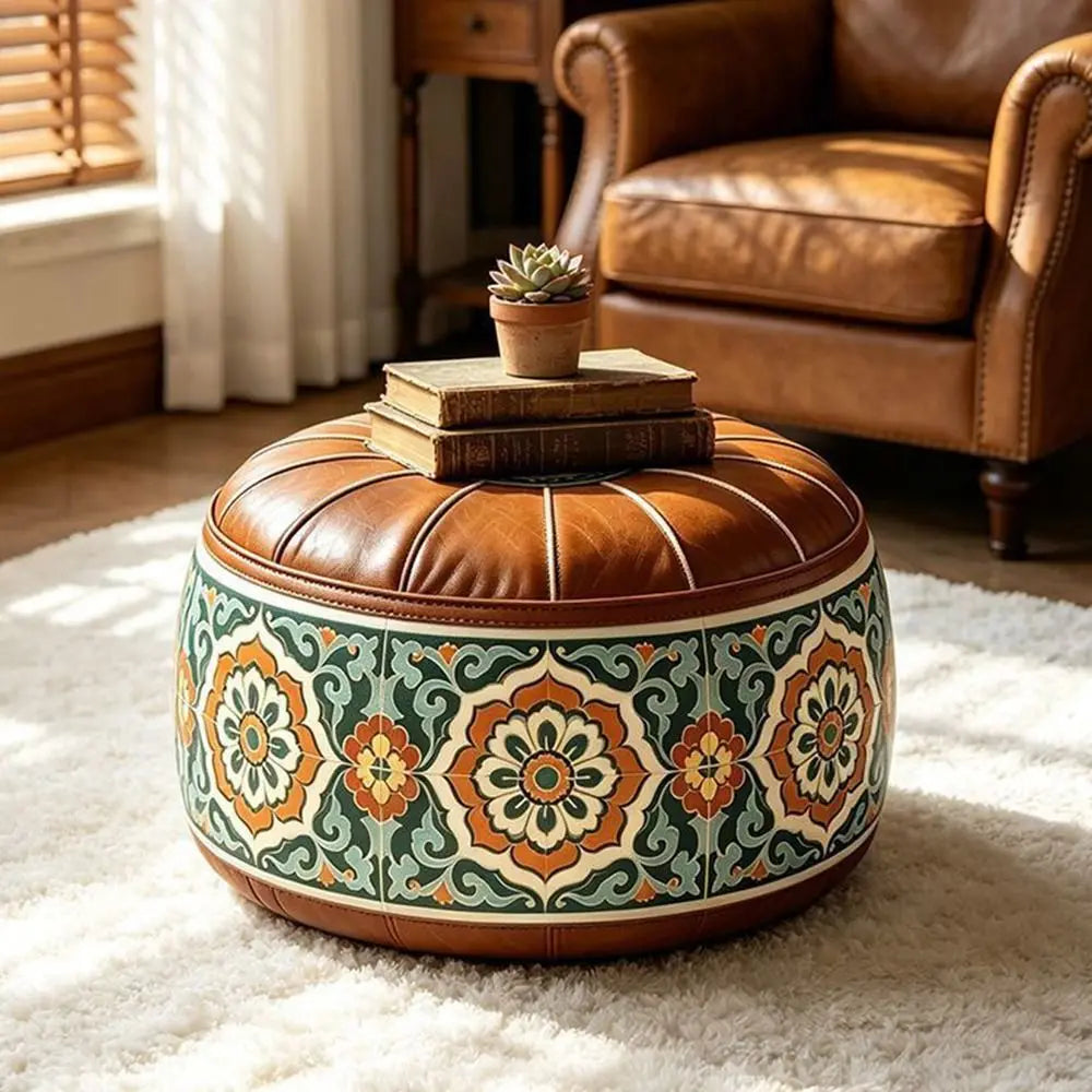 Leather Fillable Ottoman Pouf Round Shape Moroccan Style Storage