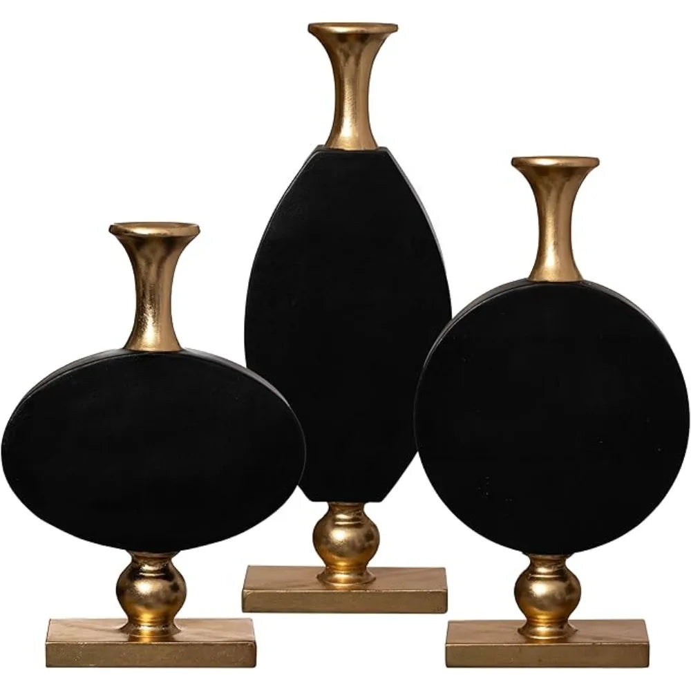 Set of 3 Inch Vintage Gold and Black Tall Floor Vase