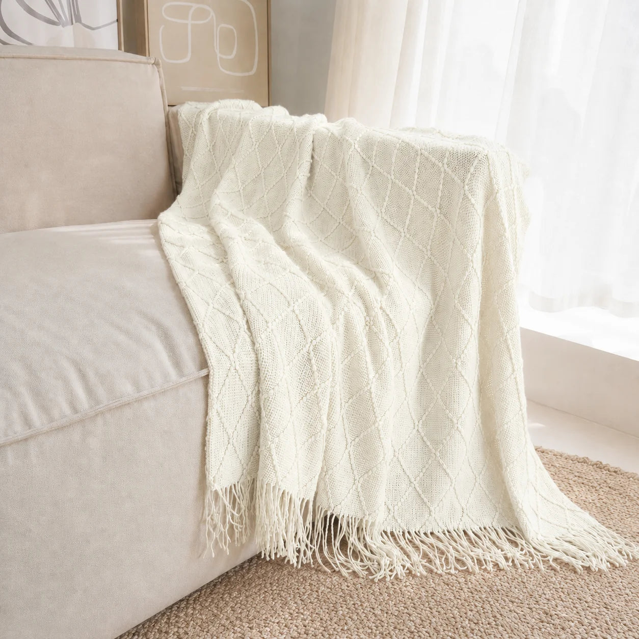 Dark Brown Wavy Chevron Textured Knit Throw Blanket with Tassel Fringe,
