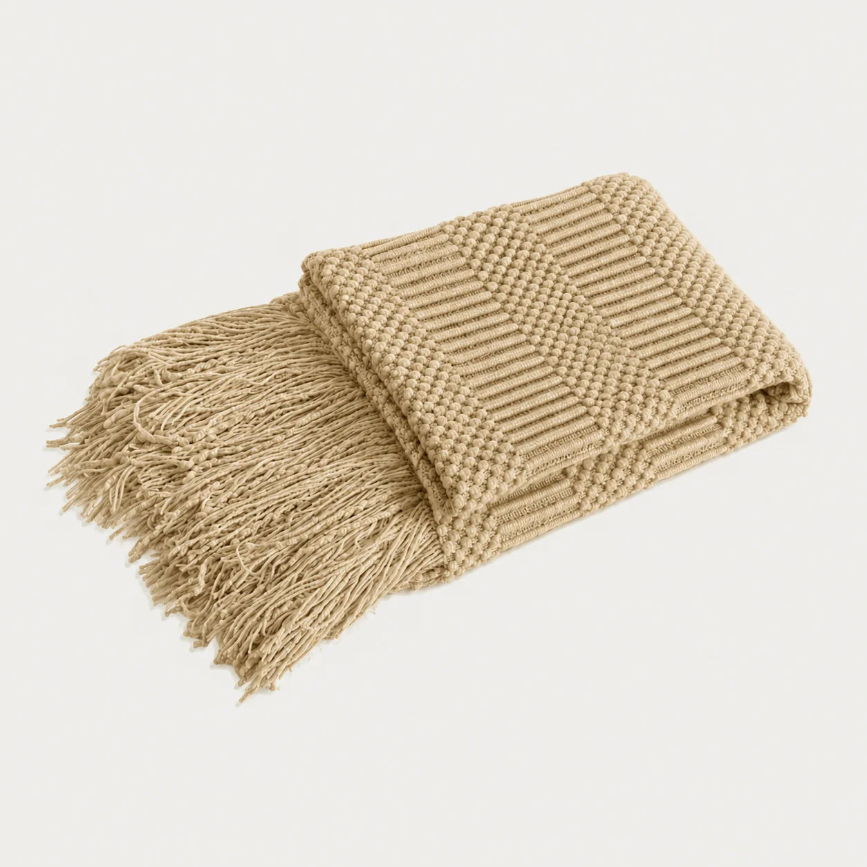 Khaki Popcorn Bobble Textured Knit Throw Blanket with Tassel Fringe, Soft Knitted Decorative Blanket, Lightweight Cozy Cover for Couch Sofa Bed, Boho Farmhouse Home Decor for Living Room Bedroom