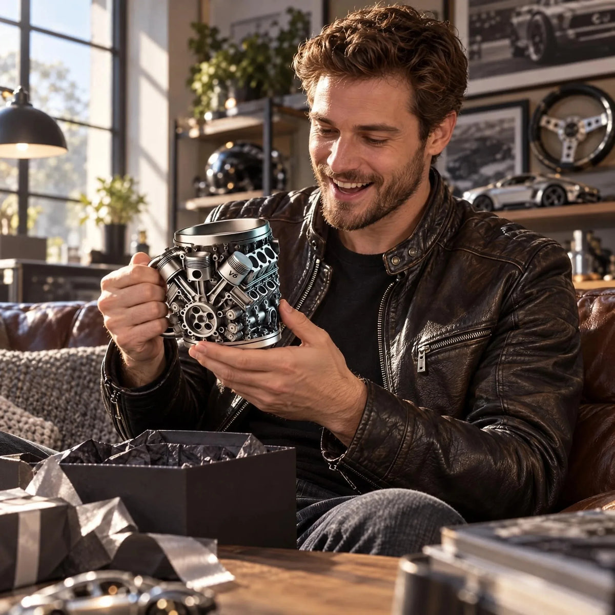 V6 Engine Stainless Steel Coffee Mug, 3D Metal